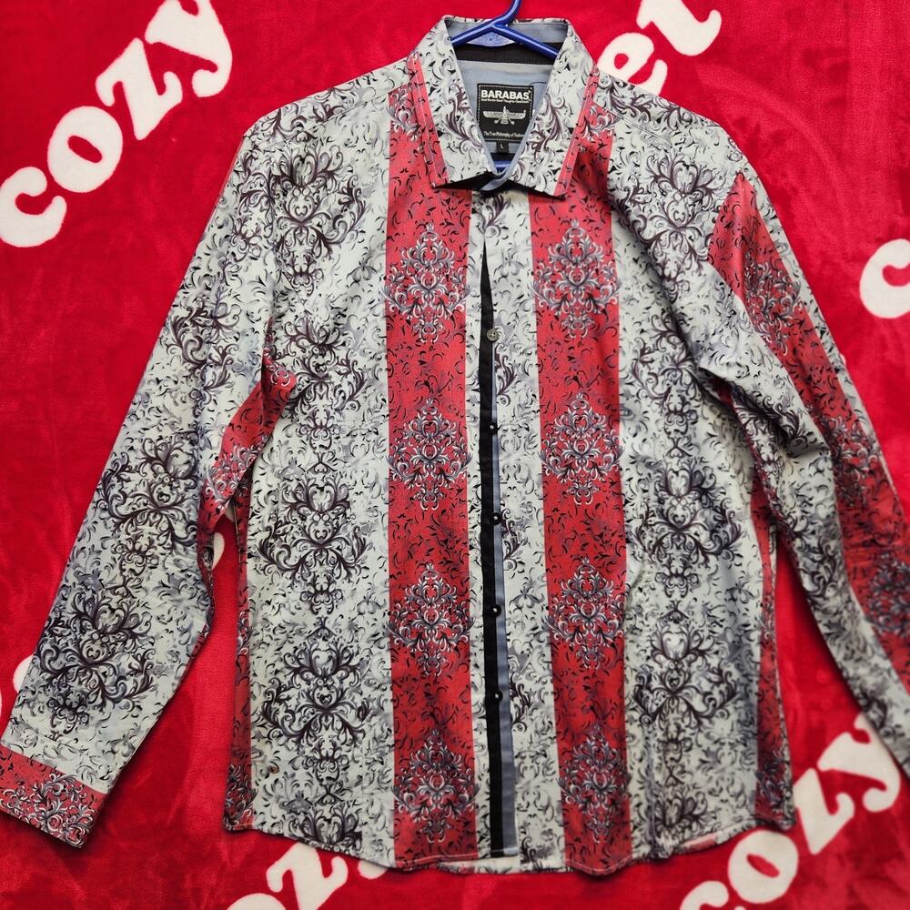 Barabas Men Large Button Up Shirt Red Gray Baroque Scroll Designer Long Sleeve